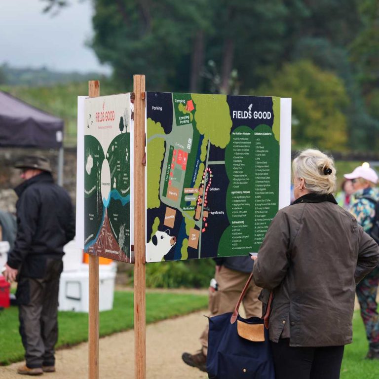 Woman looking at sign for Fields Good Agriculture Festival Northern Ireland